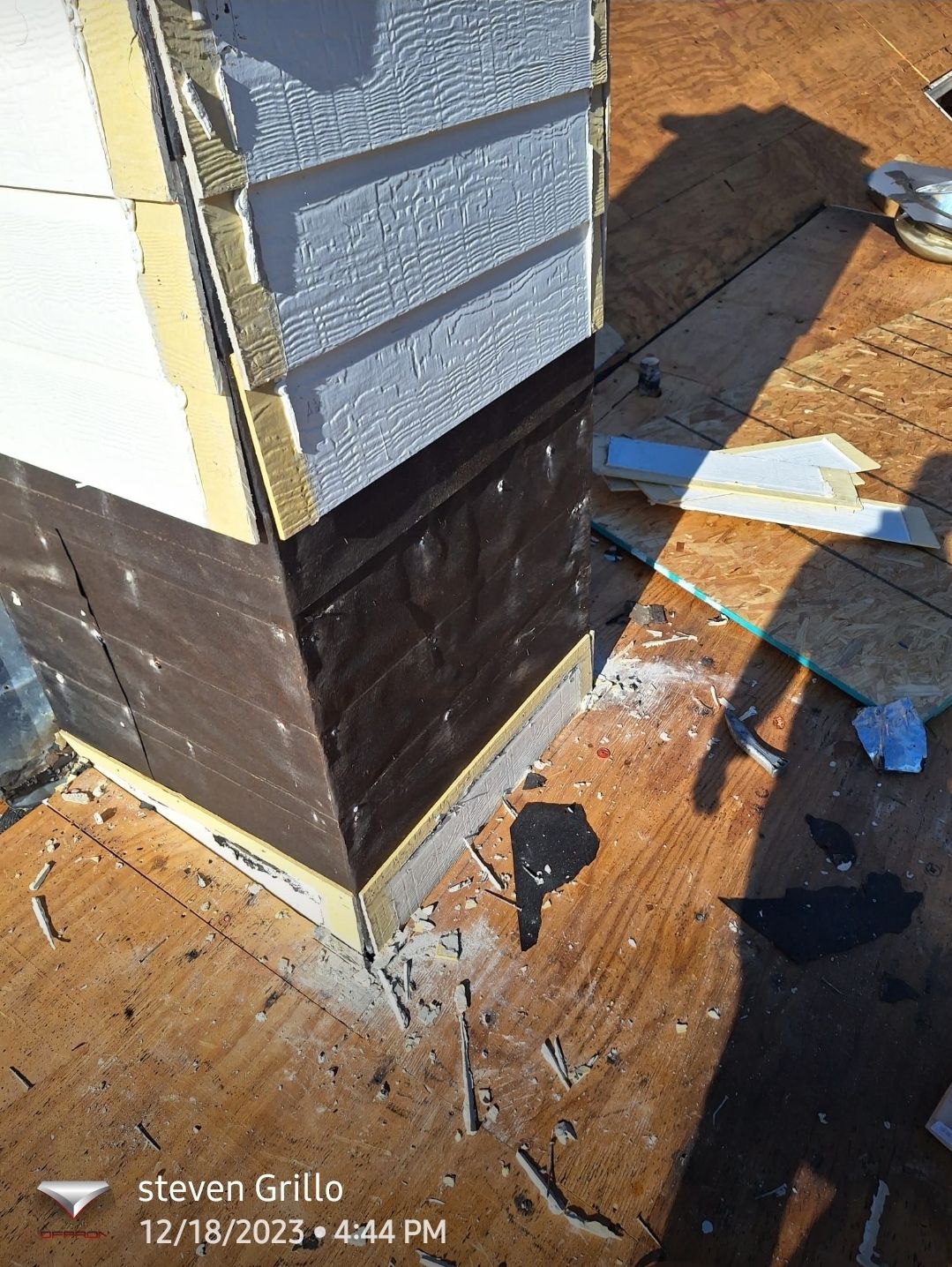 Roof penetration with surrounding decking exposed, Big Texas Roofing and Solar