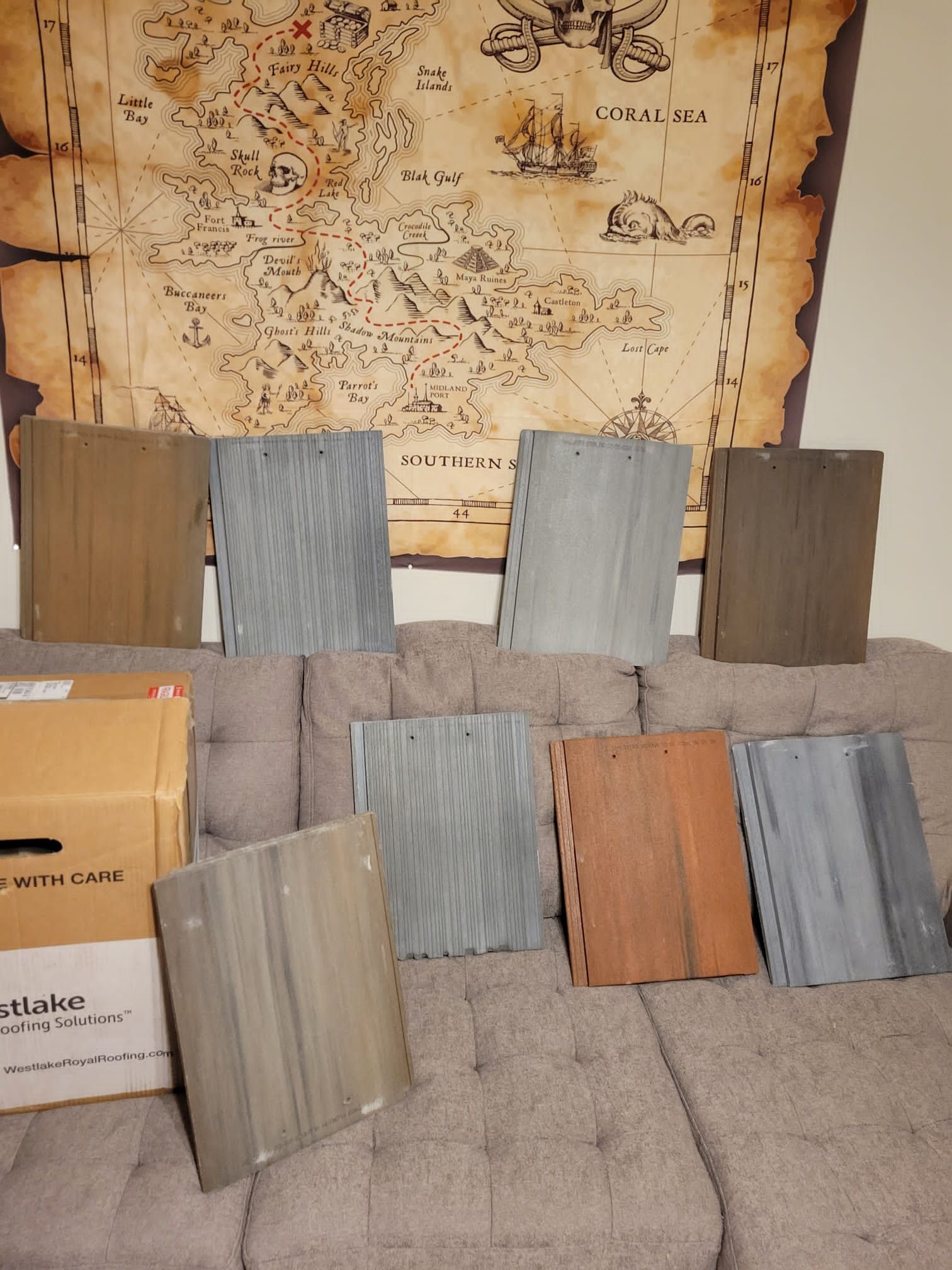 Roof tile samples staged for repair material matching, Big Texas Roofing and Solar