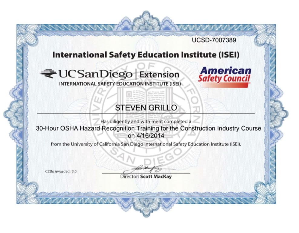 OSHA 30 Construction Training document for Steven Grillo