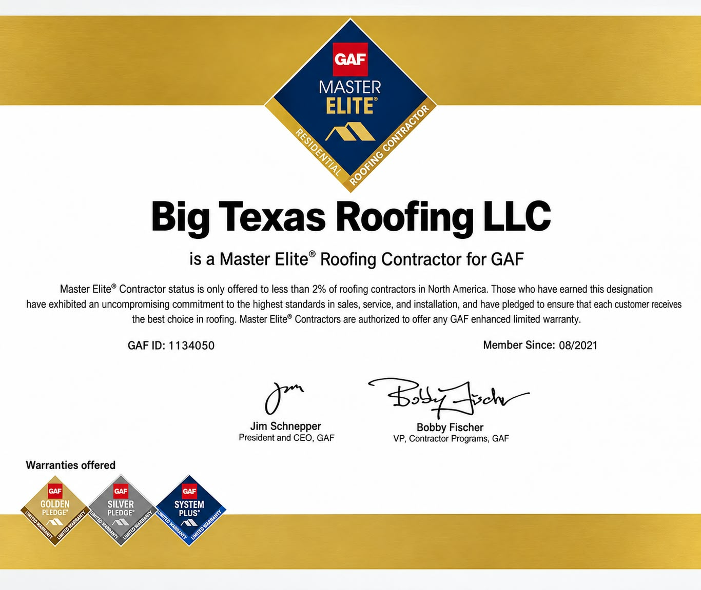 GAF Master Elite document for Big Texas Roofing LLC