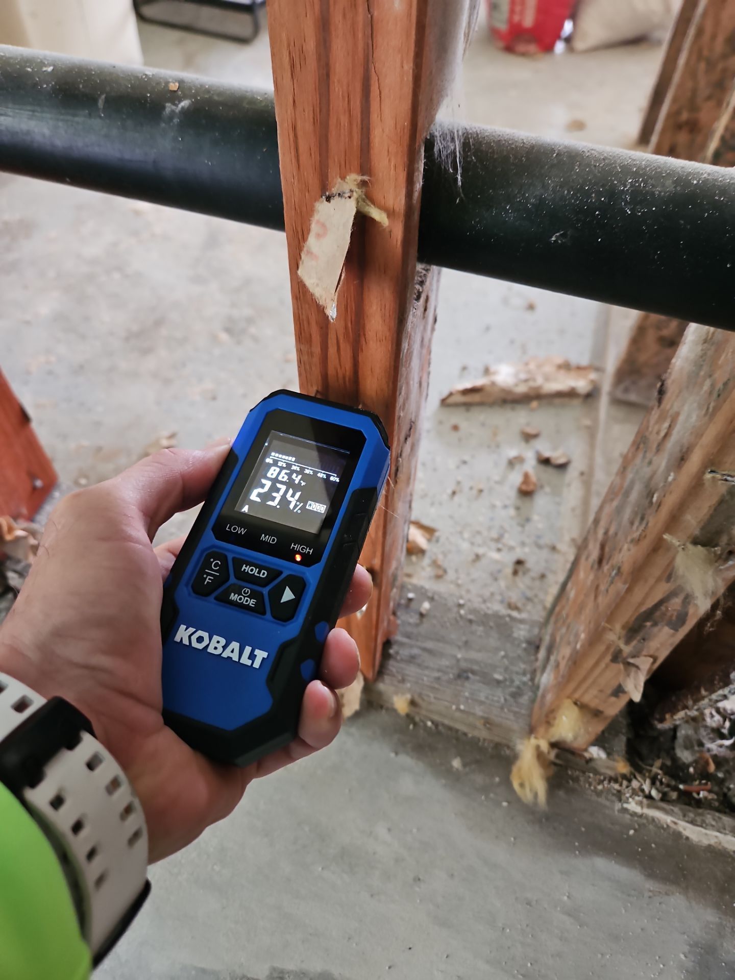 Moisture testing on exposed wood framing