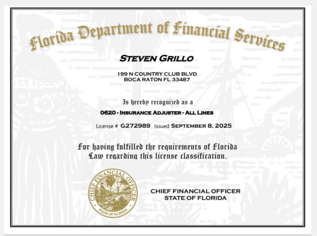 Florida Insurance Adjuster document for Steven Grillo