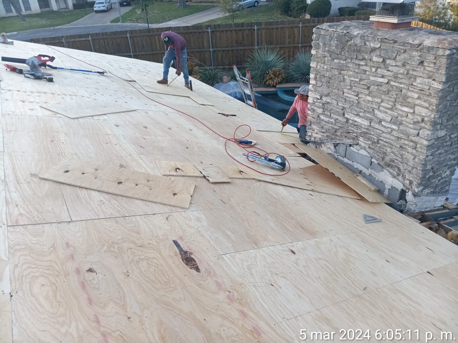 Replacement roof decking during repair work, Big Texas Roofing and Solar