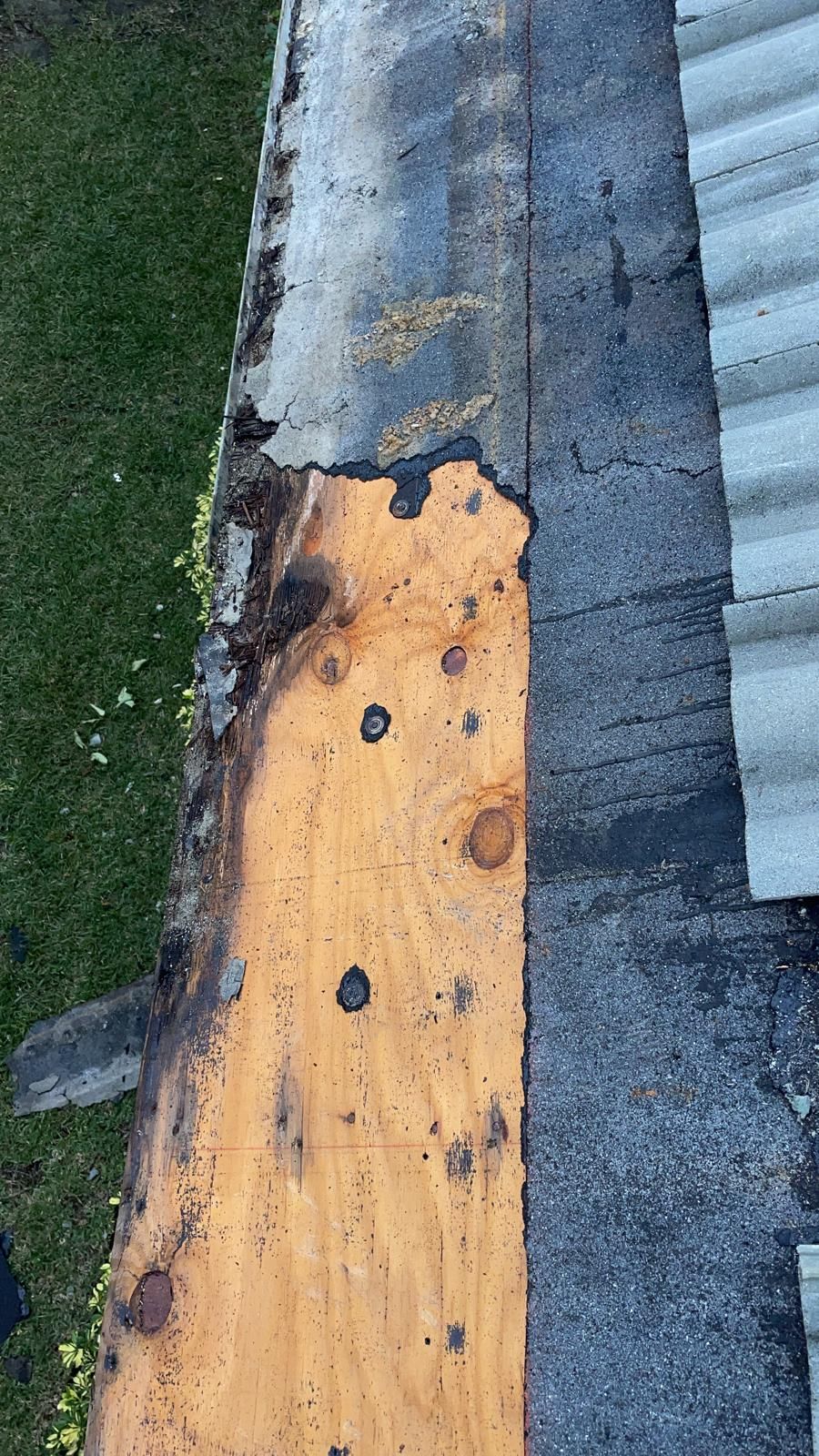 Damaged decking at the roof edge, Big Texas Roofing and Solar