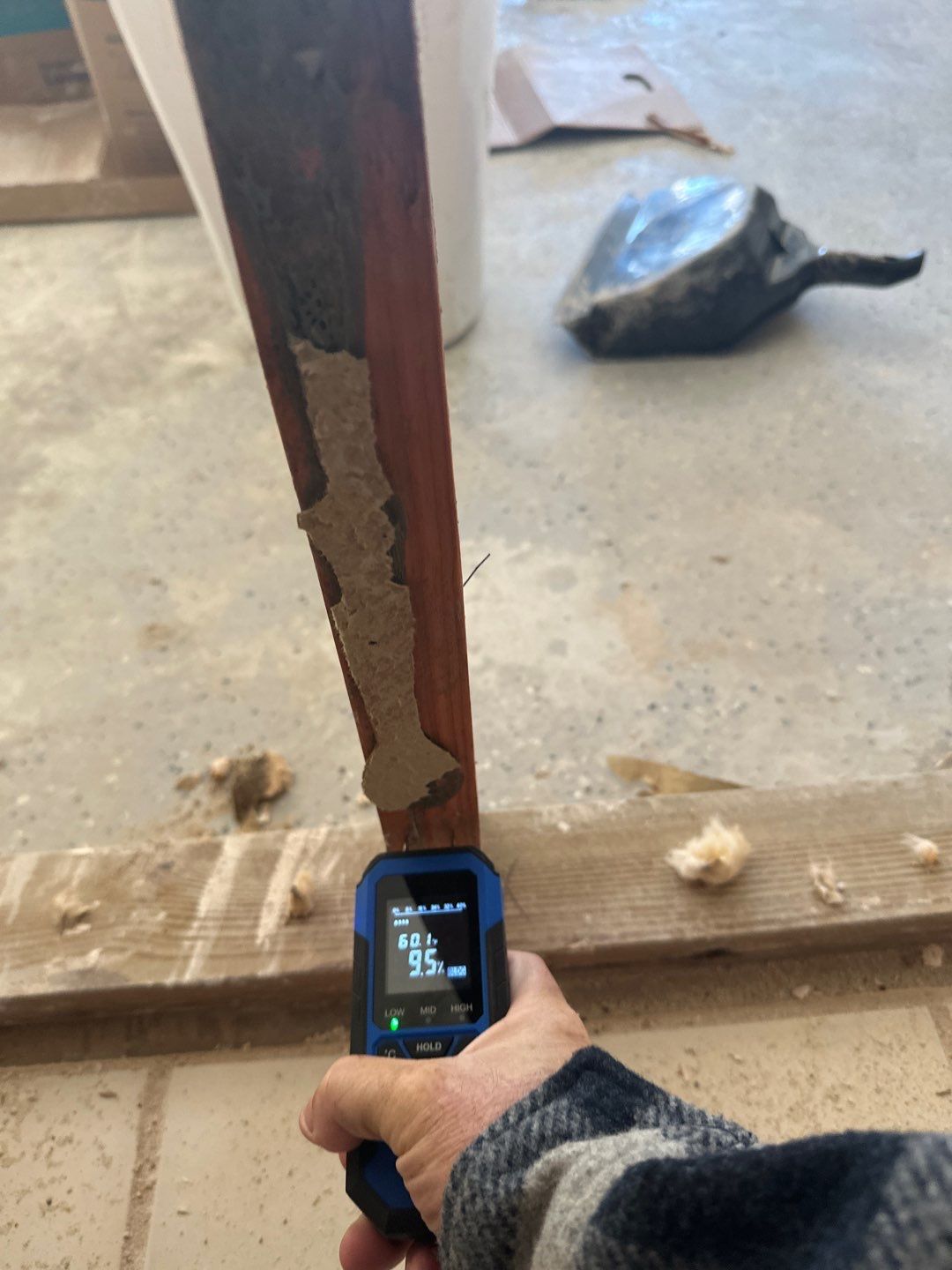 Moisture meter checking wall framing during flood mitigation