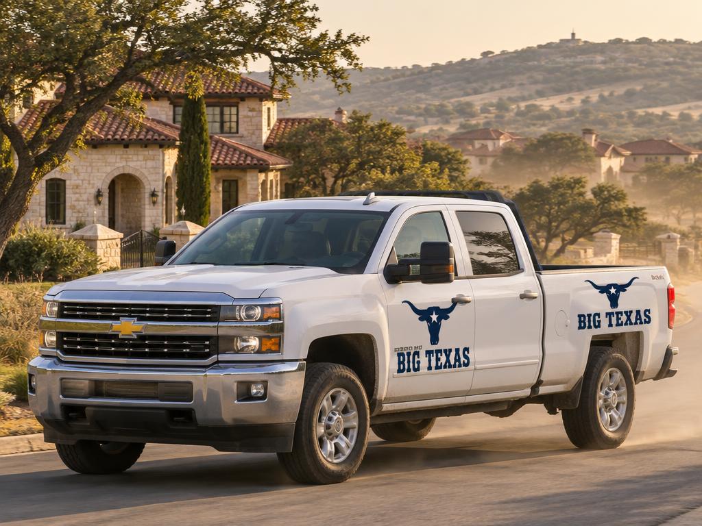 Big Texas Roofing pickup truck driving through a Texas ranch style neighborhood with tile roofs