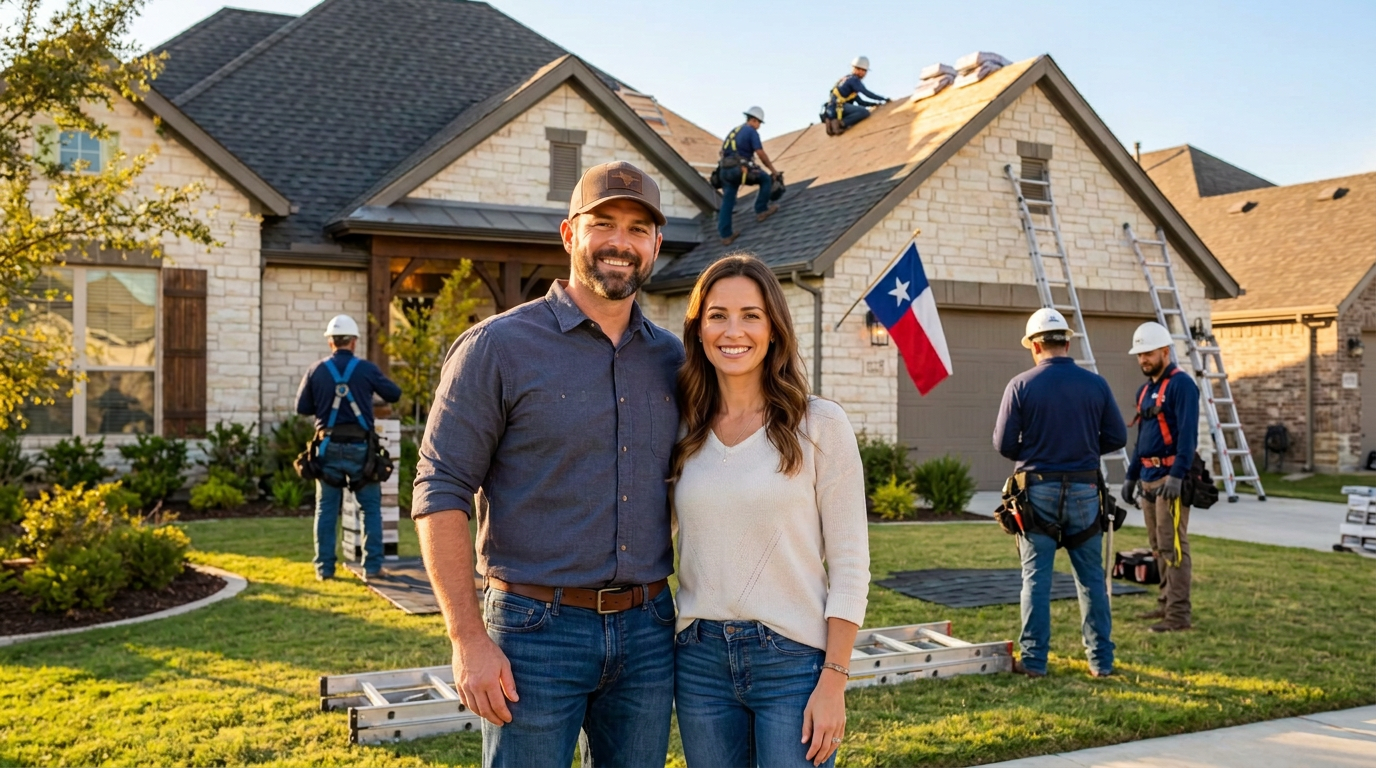 Happy Texas family at home under a brand new roof