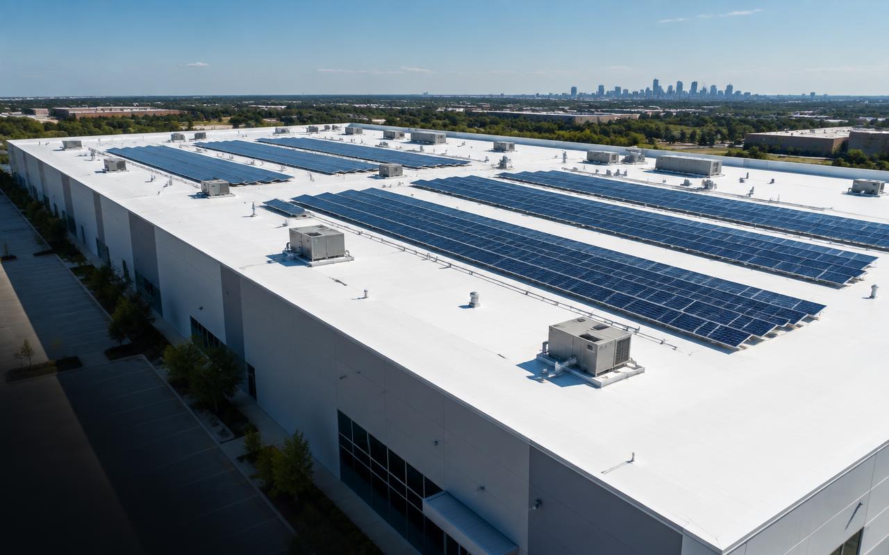 Large flat commercial roof with solar panels