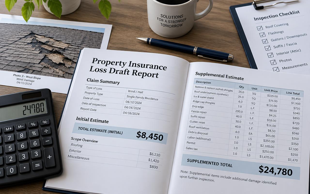 Property insurance loss report showing the initial estimate and supplemented total