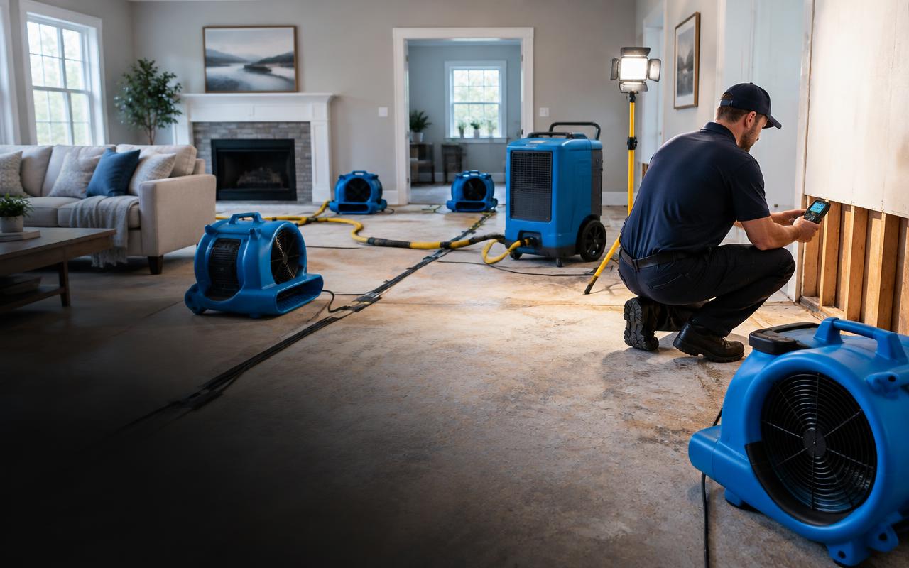 Water mitigation equipment drying a residential interior